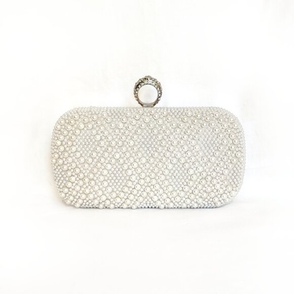 NWOT Natasha Couture Silver Pearl Crystal Embellished Box Clutch Removable Strap - Picture 1 of 5
